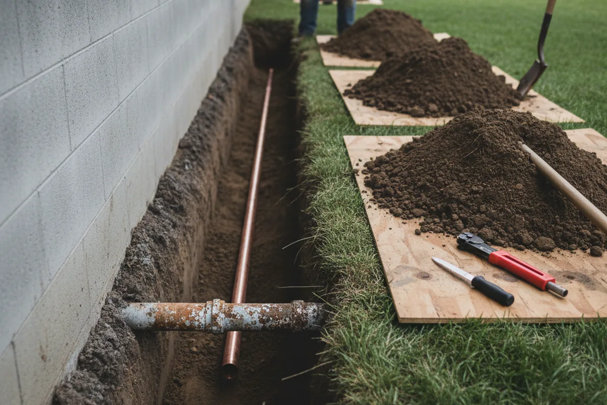 Excavated water line trench during Water Heater Repair in Upper Lake